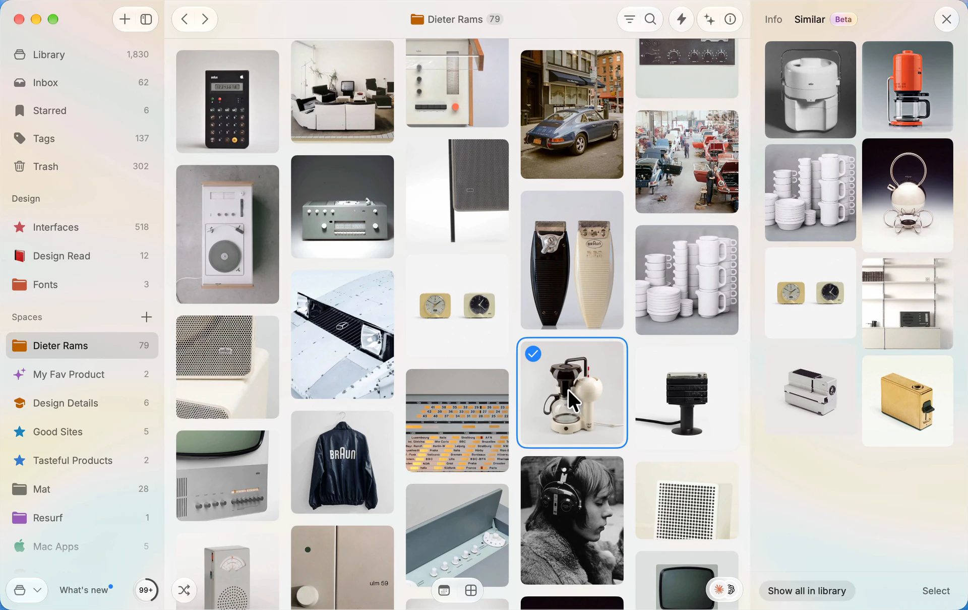 Resurf’s Dieter Rams Space with a saved Braun coffee maker selected and similar objects in the Similar inspector