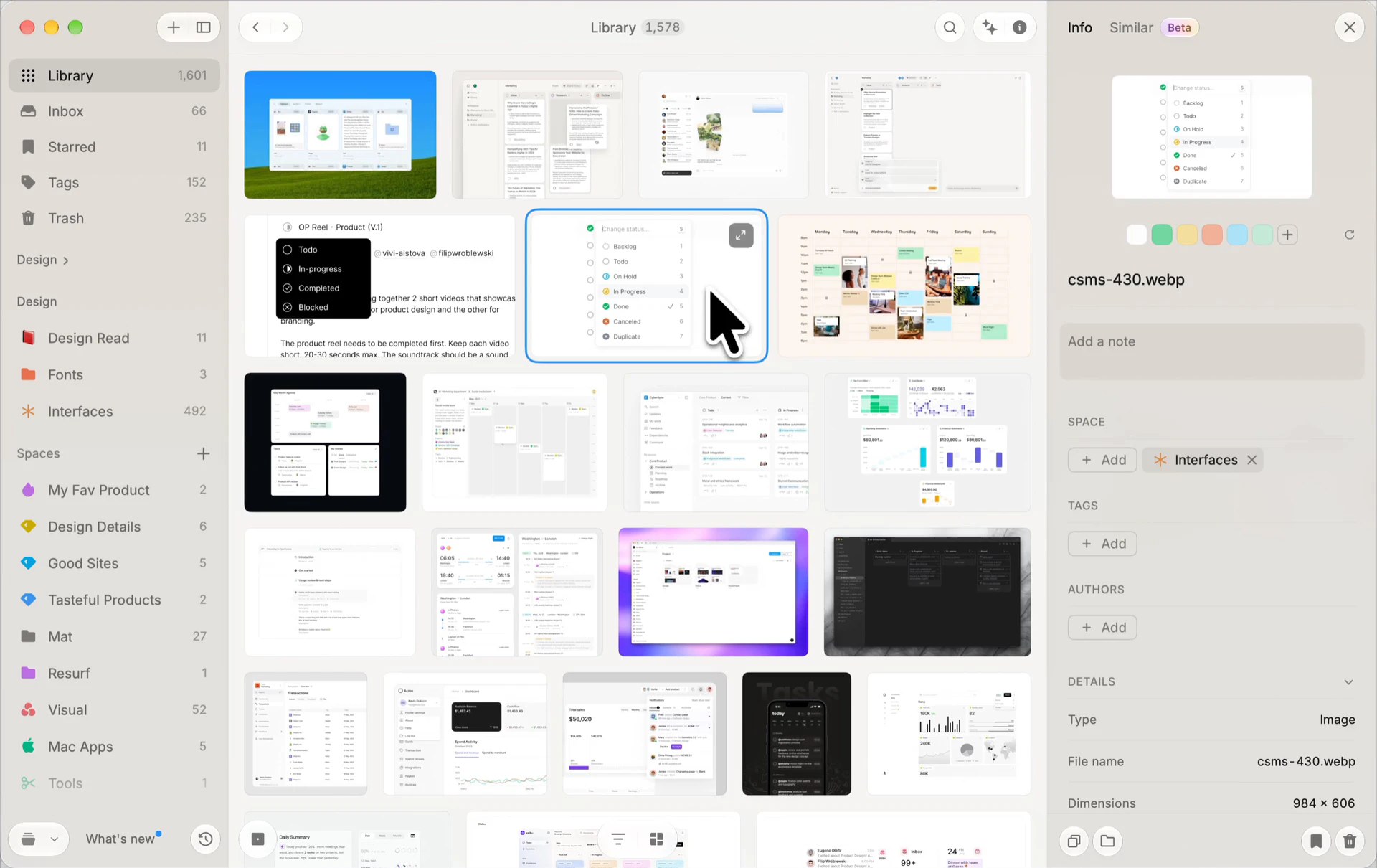 Resurf’s library with a saved interface image selected and its image details in the right inspector