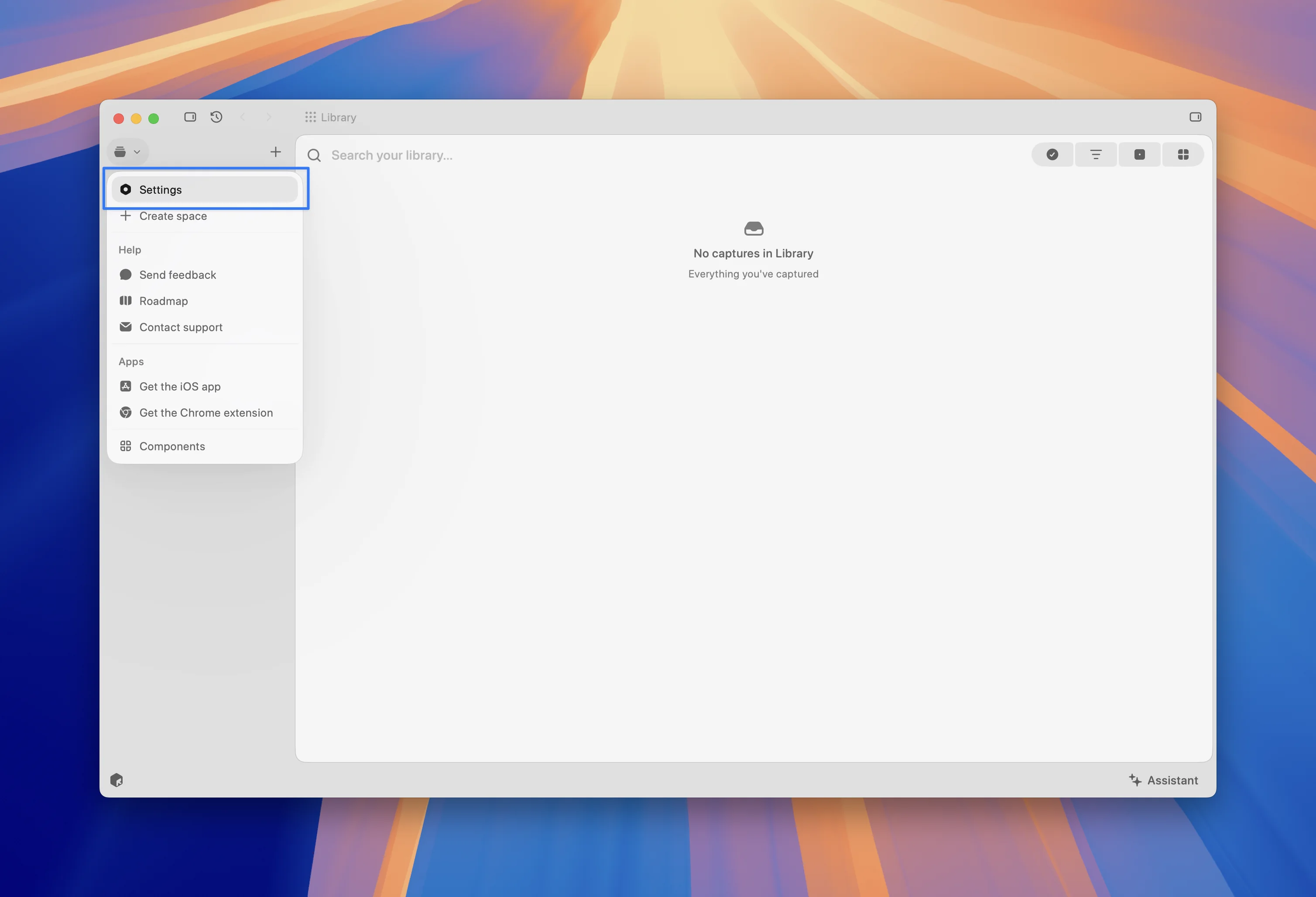 Settings lives in the sidebar menu