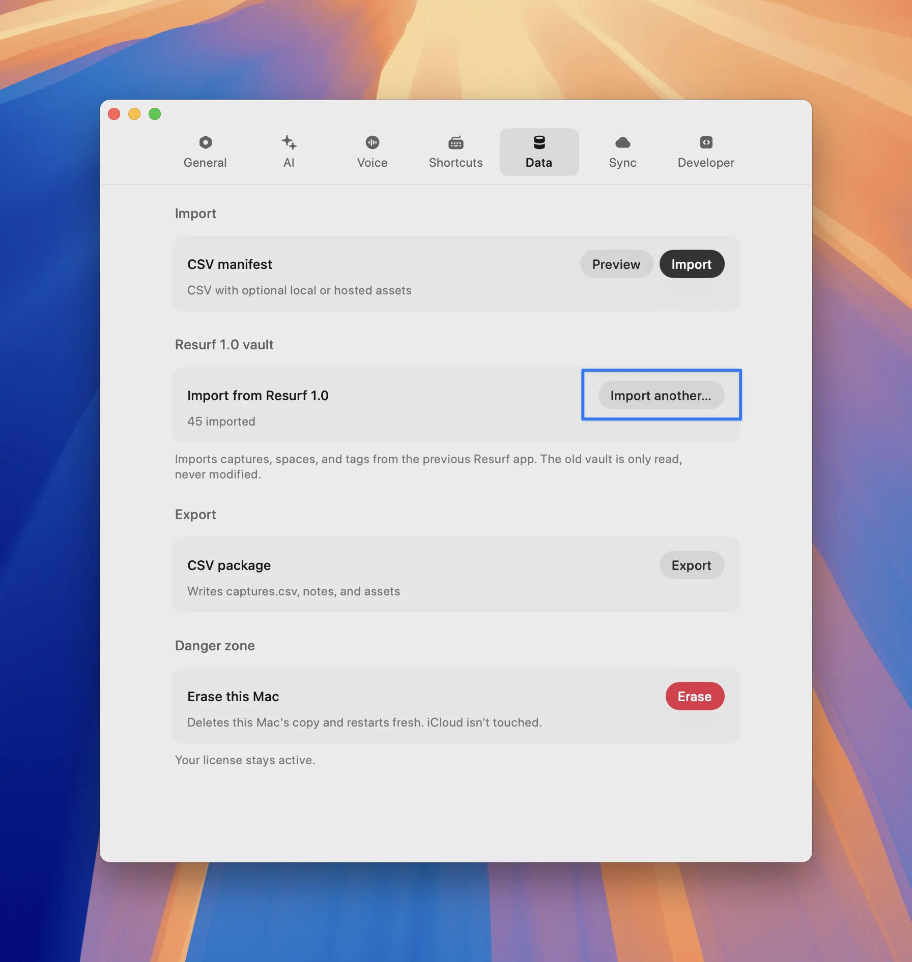 The importer, under Settings → Data