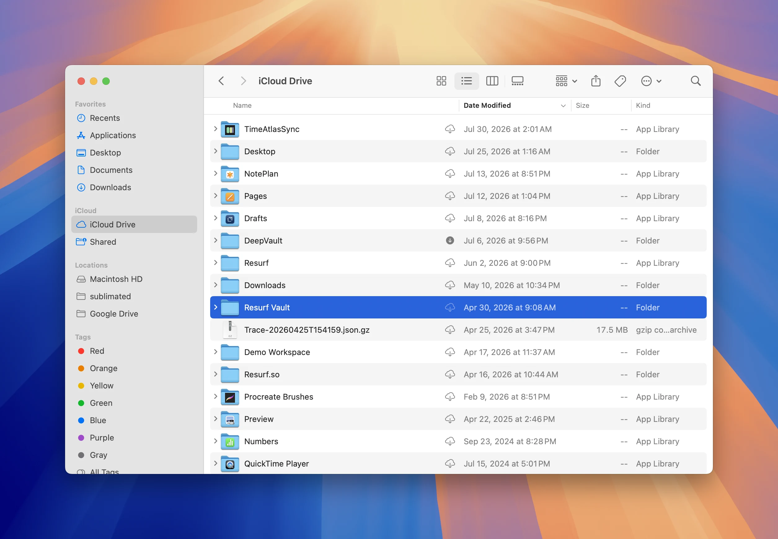The cloud icon in Finder means this vault isn't on the Mac yet
