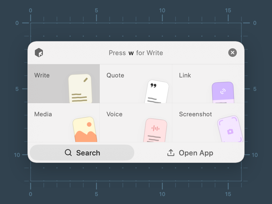 Resurf’s Mac capture picker with Write, Quote, Link, Media, Voice, and Screenshot.