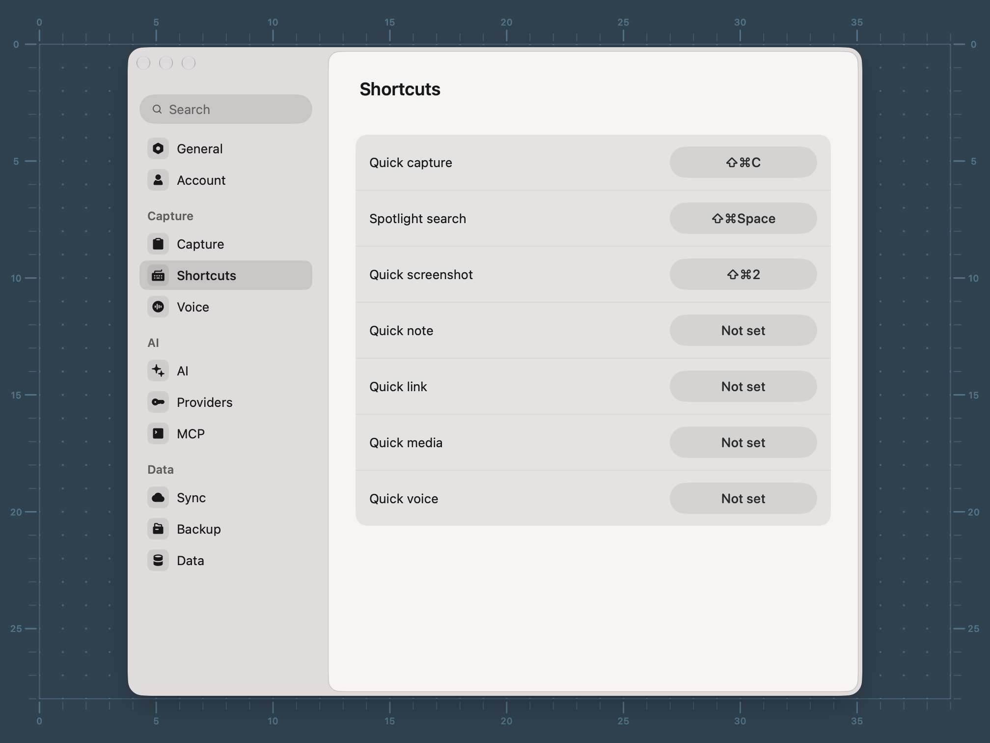 Resurf’s keyboard shortcut settings, including Quick capture and Quick screenshot.