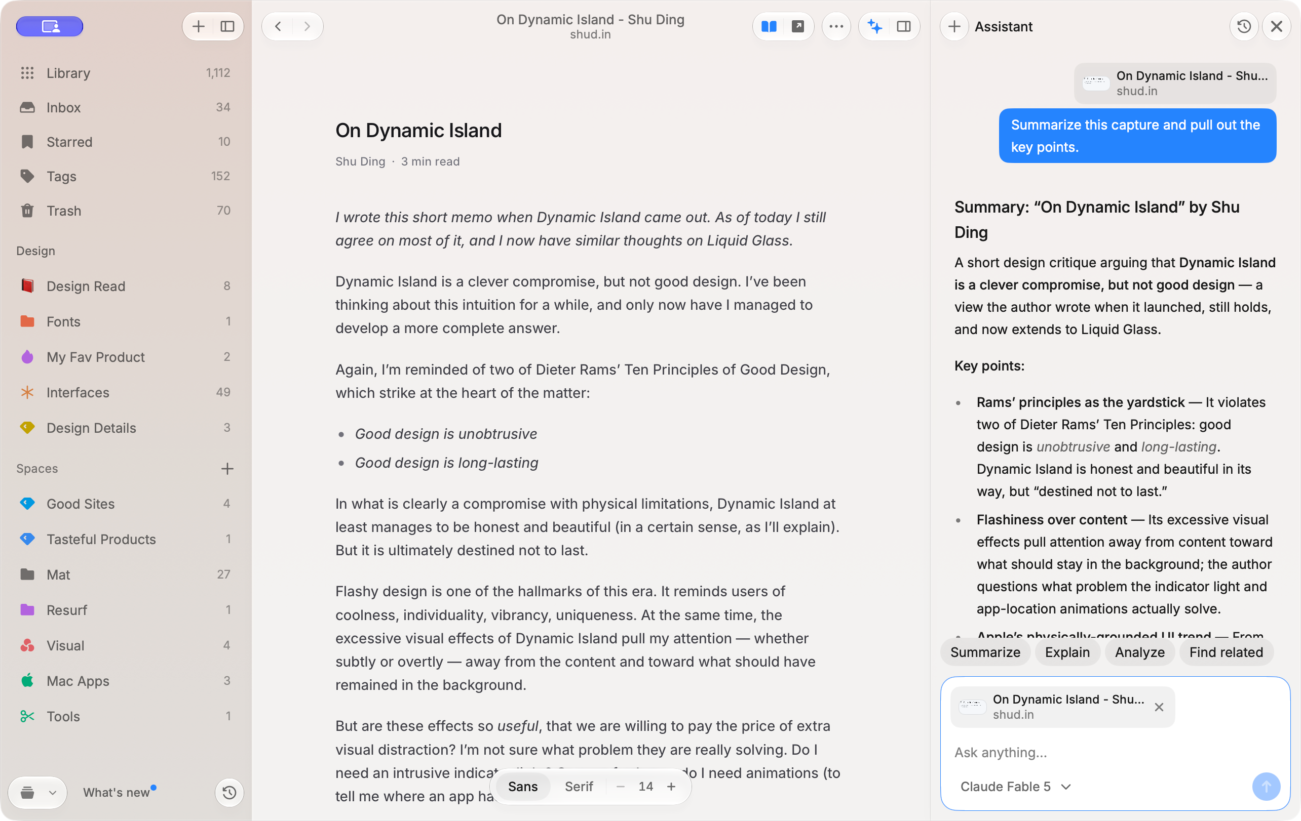 Resurf Assistant summarizing a saved design article alongside the original in the reader