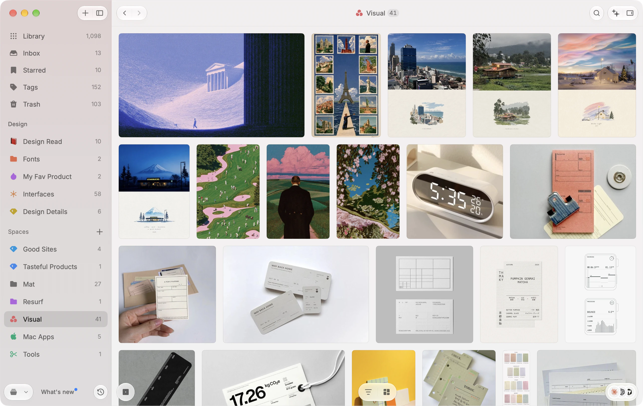 Resurf on Mac showing a Space of saved illustrations, paintings, and print design in a justified grid