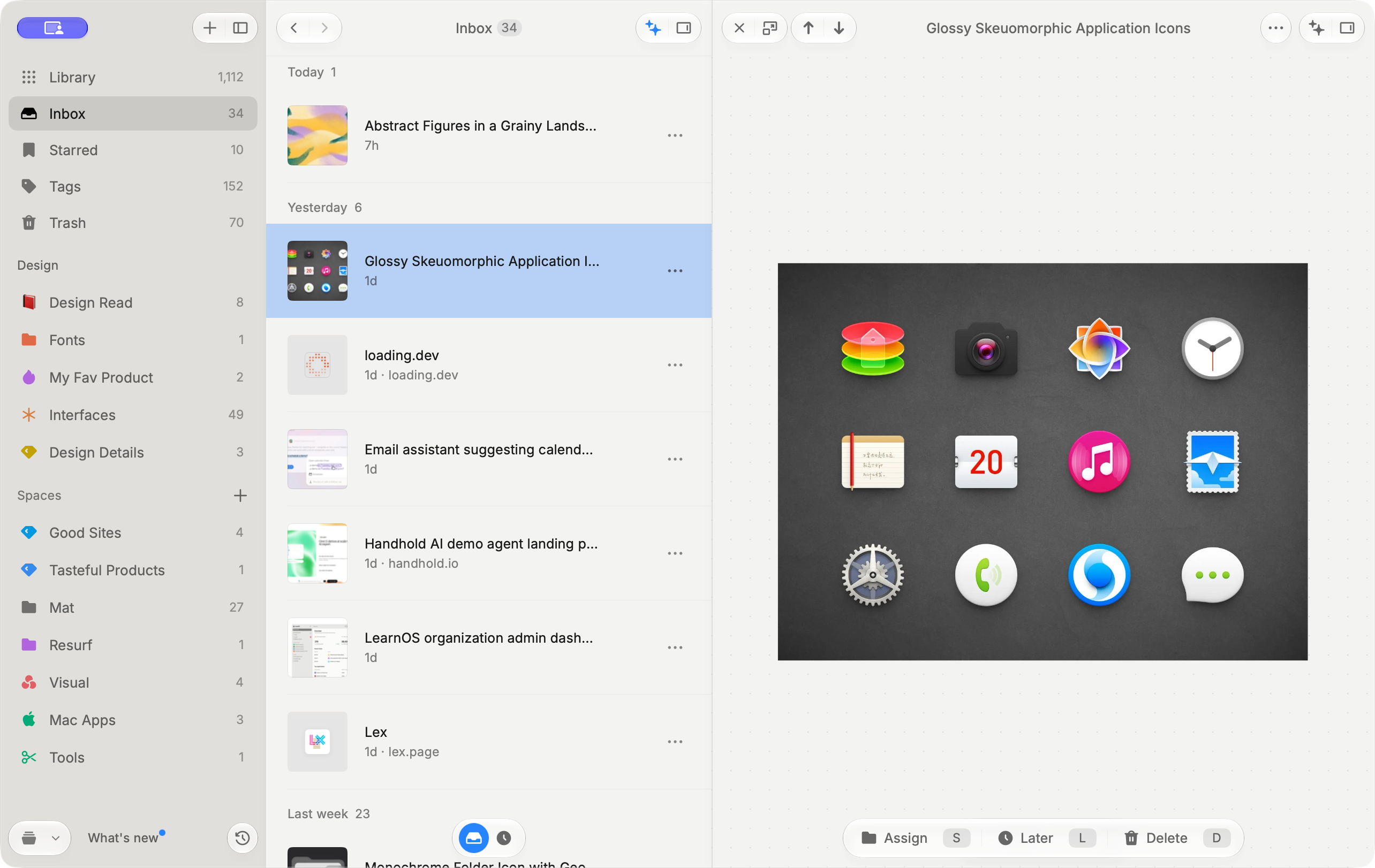 Resurf inbox with a saved image open beside the capture list and Assign, Later, and Delete controls