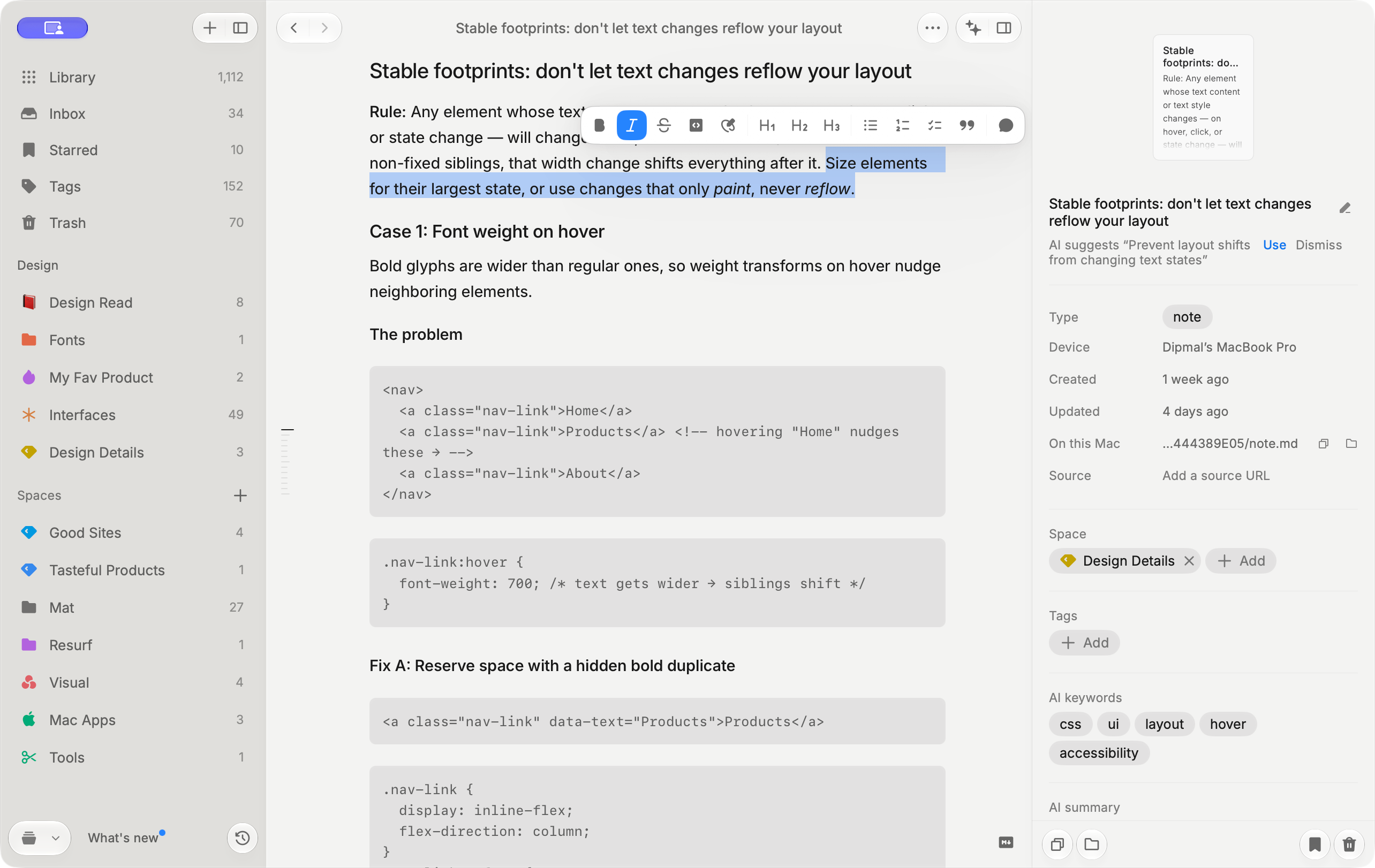 A design note in Resurf’s rich-text editor, with headings, code blocks, selected text, and the formatting toolbar
