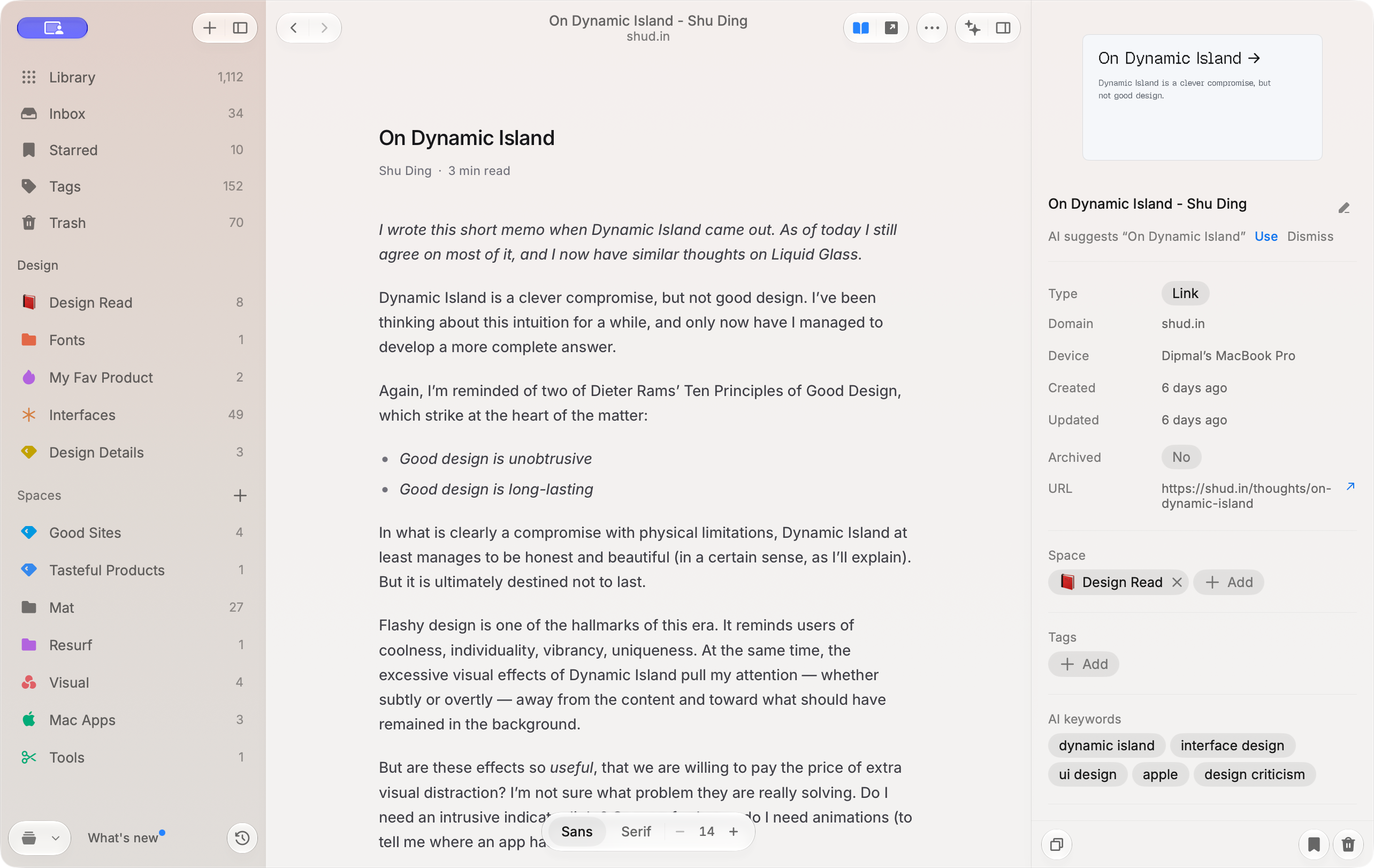 A saved design article in Resurf’s native reader, with its source, space, and keywords in the inspector