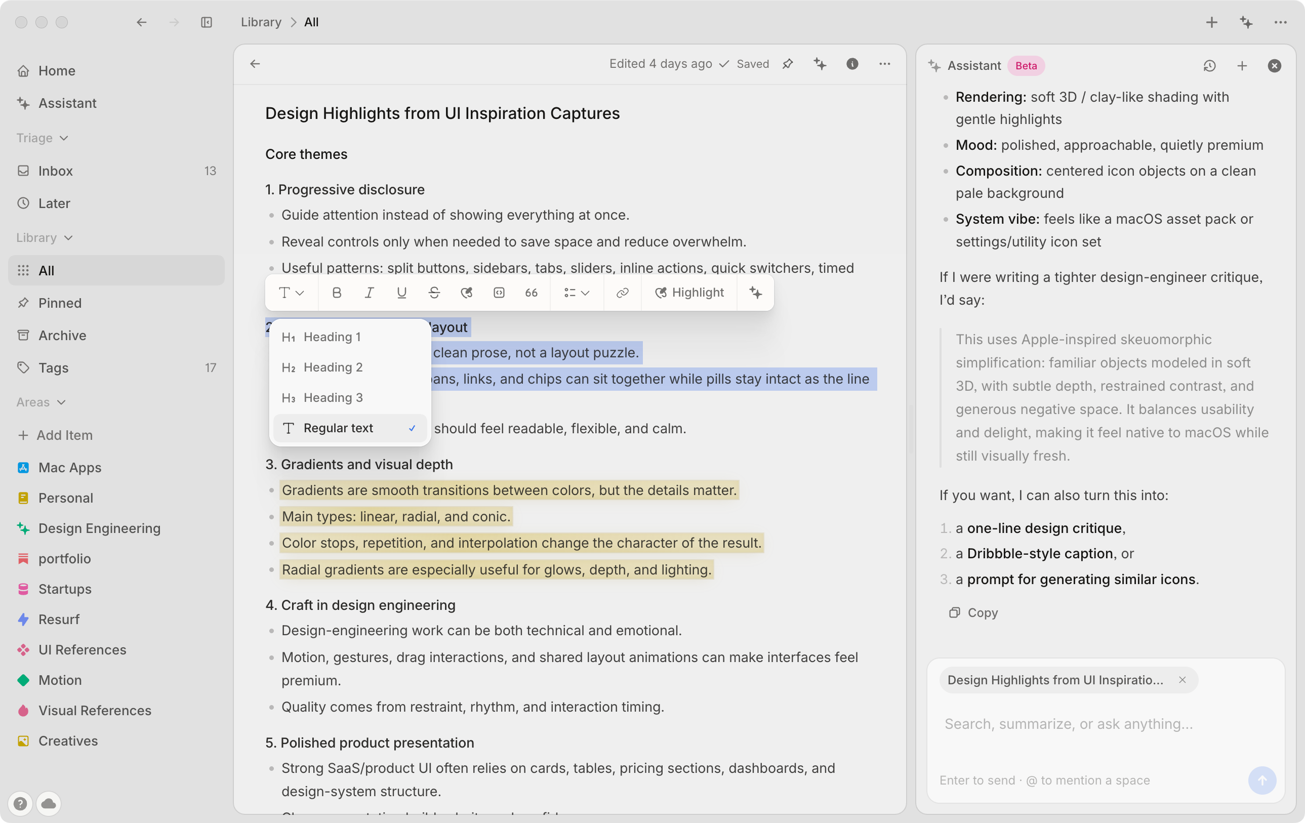 Resurf rich-text note editor with formatting toolbar and highlights