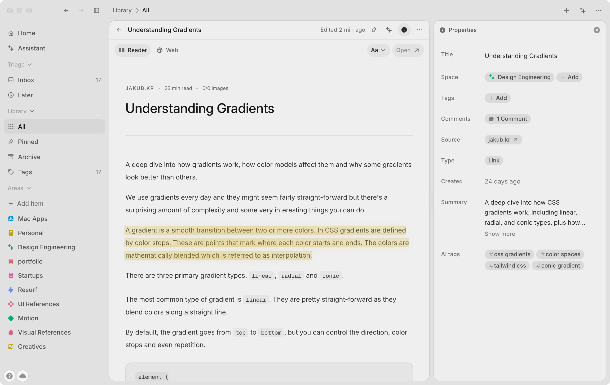 Resurf article reader with highlights and properties panel